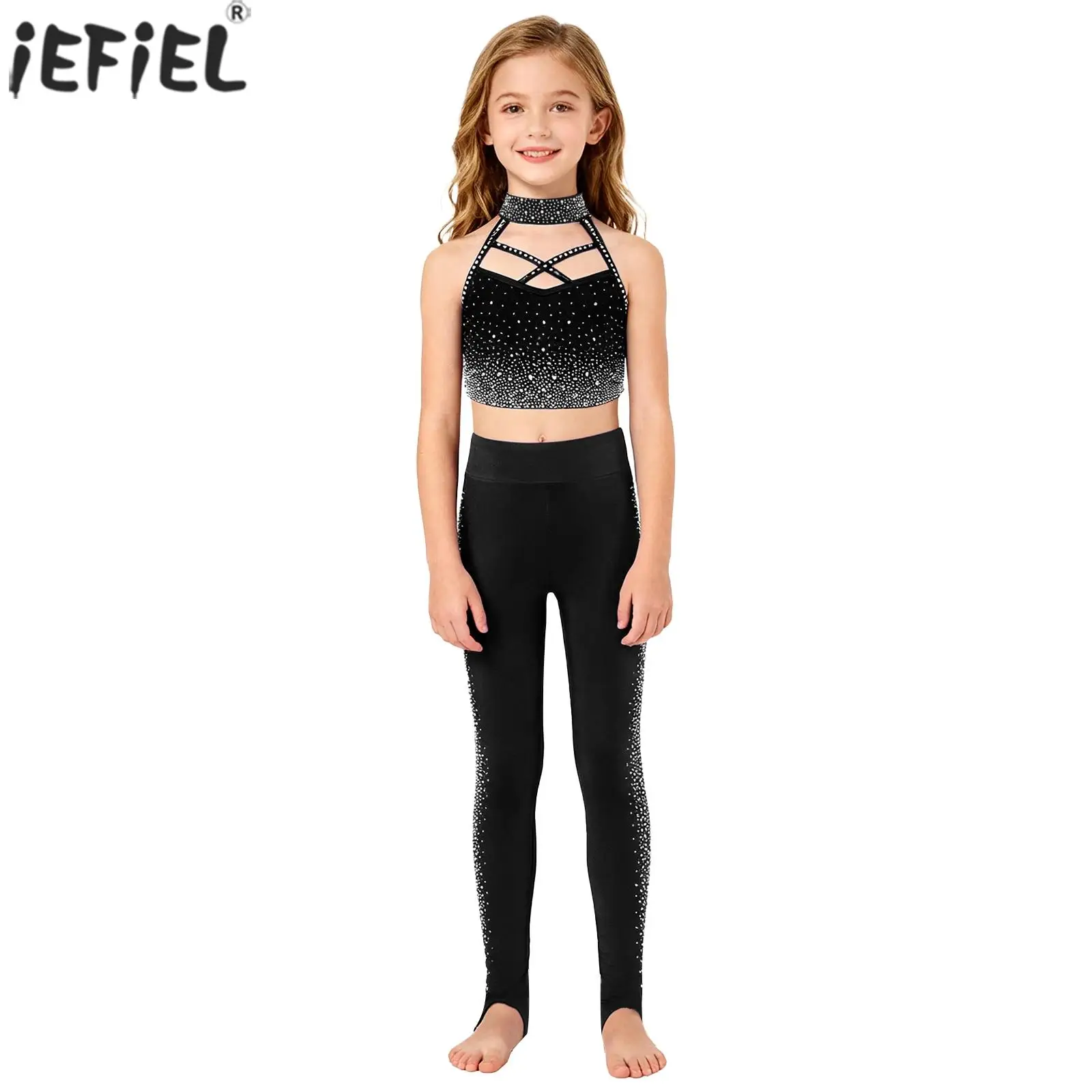 Kid Girls Figure Skating Gymnastics Dance Outfits Halter Sleeveless Shiny Rhinestone Crop Top with Leggings Ballet Dance Costume