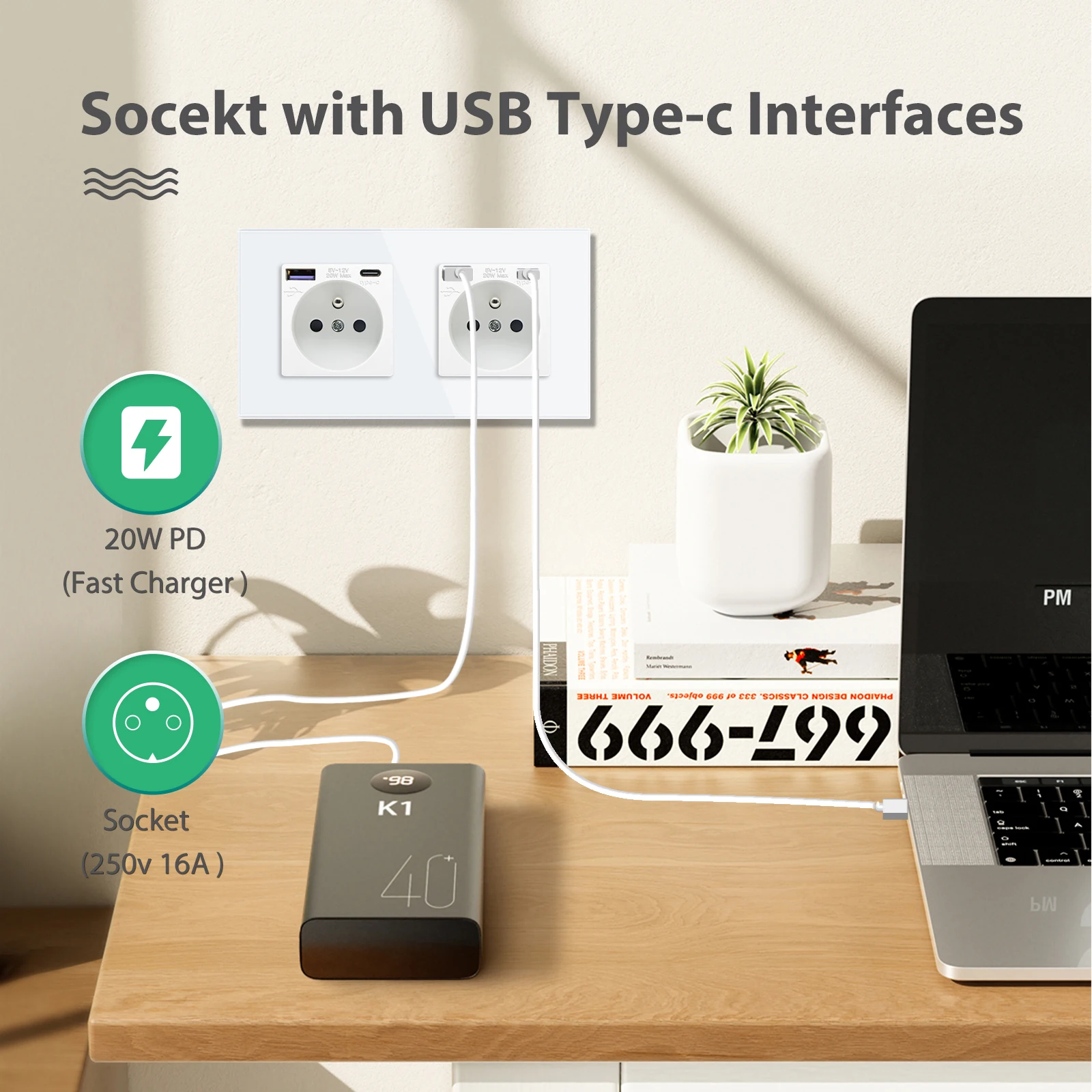 BSEED France Single Socket Double Wall Power Outlets Sockets Glass Frames French Plugs Power Wall Sockets 16A Type-C Charge