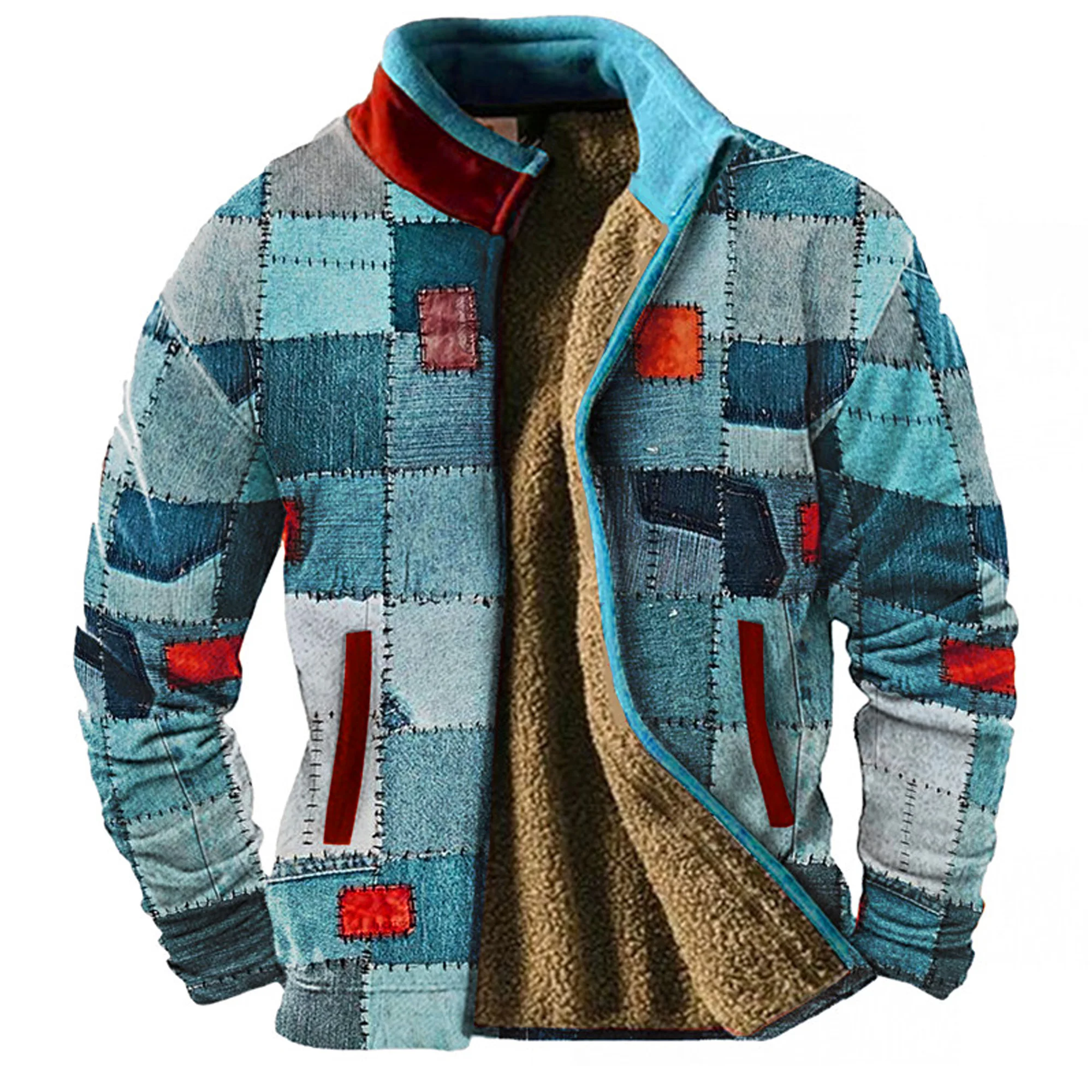 Graphic Tribe Men\'s daily zipper thickened coat Holiday Holiday Outing Zipper shirt Blue brown stand collar fleece winter design