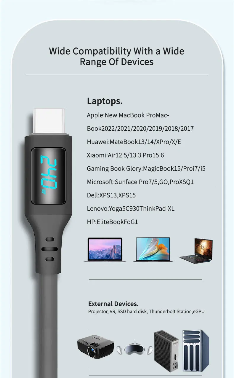 USB C to USB C Thunderbolt 4 Data Cable Digital Display PD 240W, 40Gbps,8K @60Hz USB4 Compatible Or For Samsung Macbook iPad