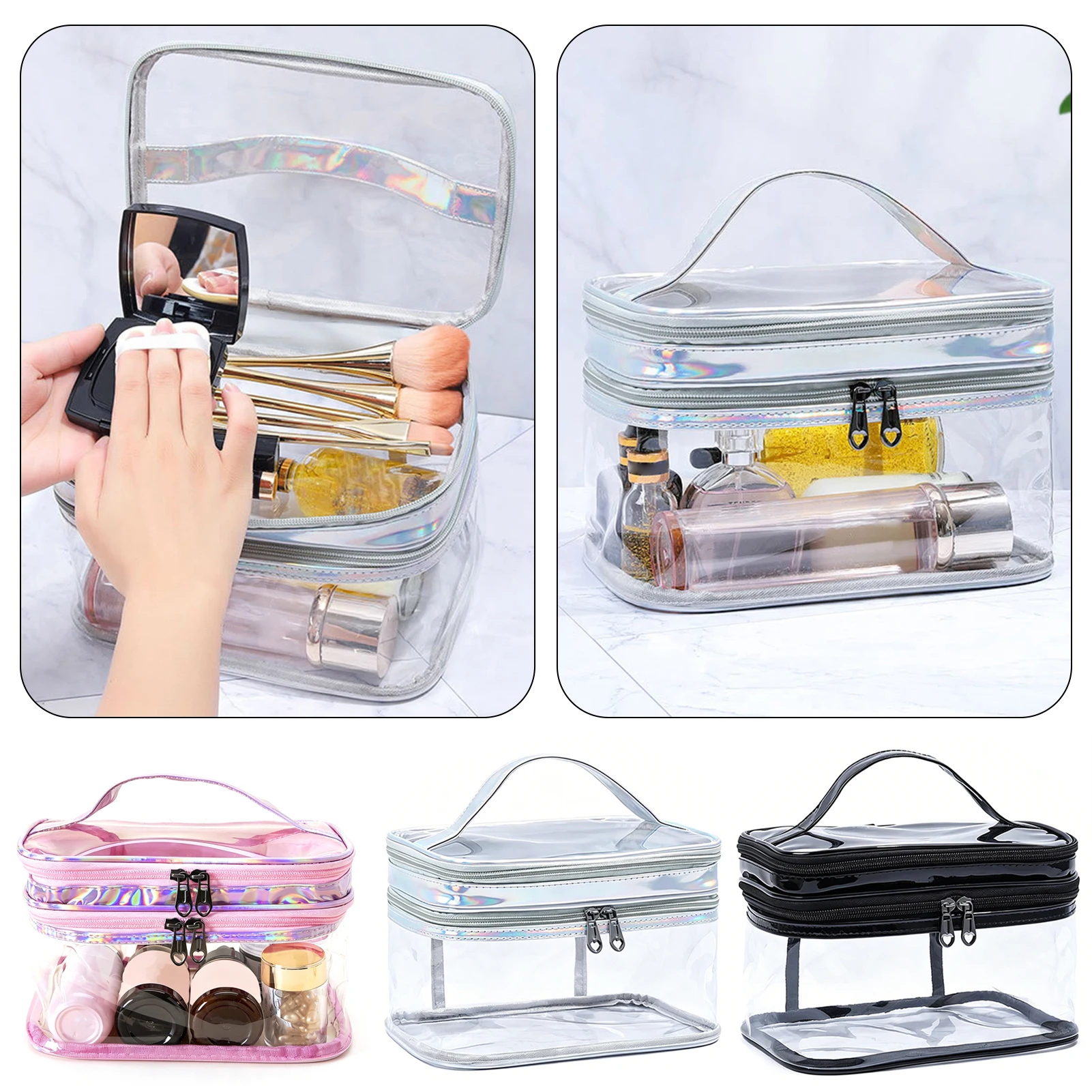 Tragbare transparente Make-up-Tasche, doppellagige Kosmetiktasche aus PVC, wasserdichte Waschtasche mit großem Fassungsvermögen, transparente Reise-Aufbewahrungstasche – Detail 1