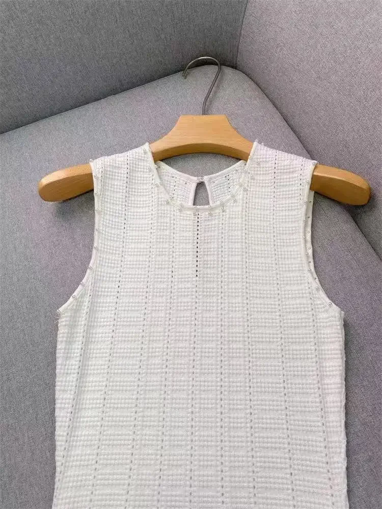 Women's white round neck knitted dress sleeveless slim evening party midi robe