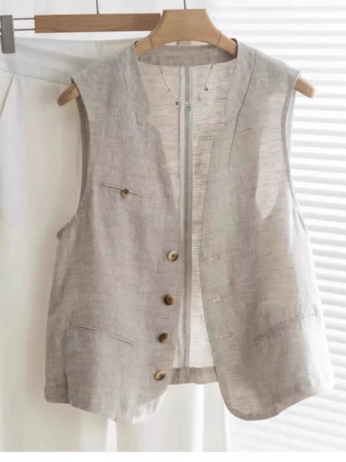 

Женский летний тонкий хлопково-льняной жилет с V-образным вырезом, стандартной длины, на одной пуговице, модный топ