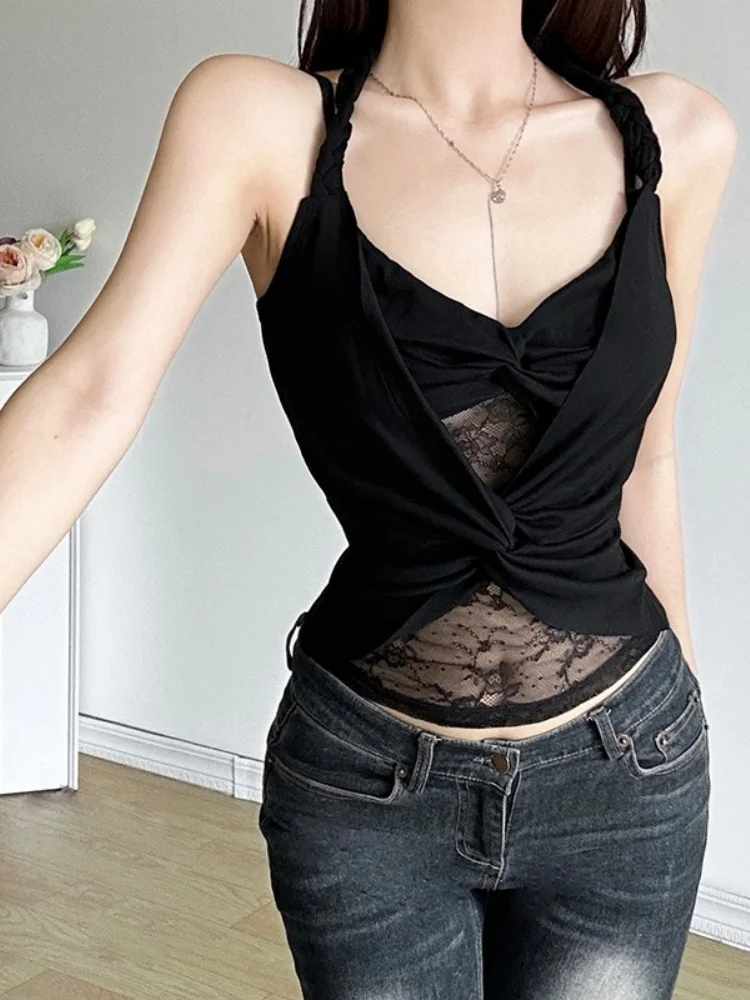 

Solid Tank Top Women Edgy Clothes Y2k Accessories Neck-mounted Halter Top Lace Camison Verano Twist Corset Slim Ropa De Mujer