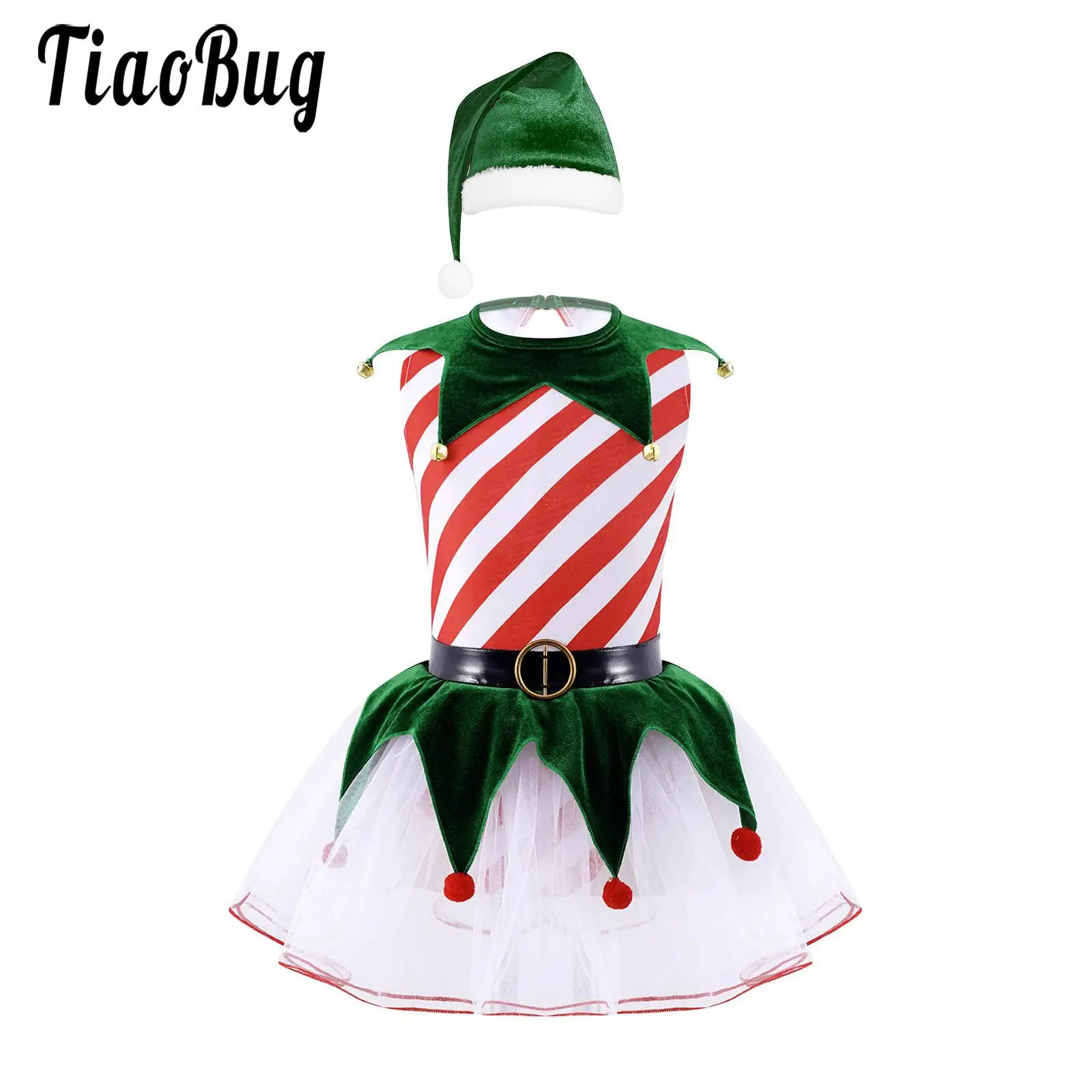 

Girls Candy Cane Mrs Santa Claus Costumes Christmas Dancing Figure Skating Tutu Dress with Santa Hat Leotard Ballet Dancewear