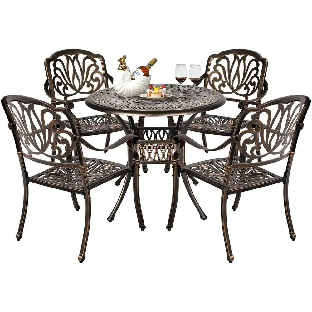 

Bronze Cast Aluminum Outdoor Patio Dining Set with 4 Chairs and Umbrella Table for Garden, Porch, and Poolside