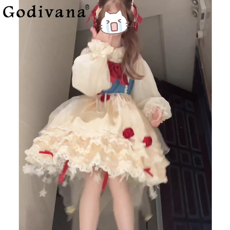 

Cute Sweet Princess Lolita Dress Set Female Long Sleeve Lolita Princess Dress with Corinoline Women Gown Birthday Party Dress