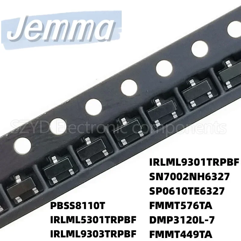 100PCS SOT23 PBSS8110T IRLML5301TRPBF IRLML9303TRPBF IRLML9301TRPBF SN7002NH6327 SP0610TE6327 FMMT576TA DMP3120L-7 FMMT449TA