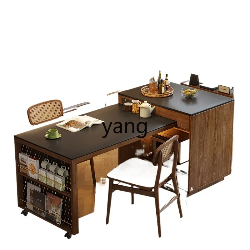 

ZL island dining table integrated multi-functional solid wood retractable bar table rock slab dining table