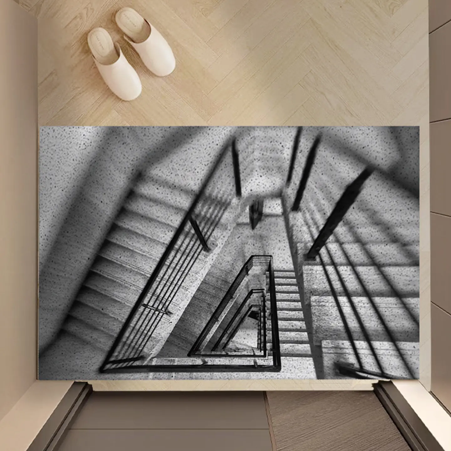 Black White Spiral Staircase 3D Visual PVC Coir Doormat Non‑Slip Dust Removal Entrance Door Mat Wear‑Resistant Welcome Rug