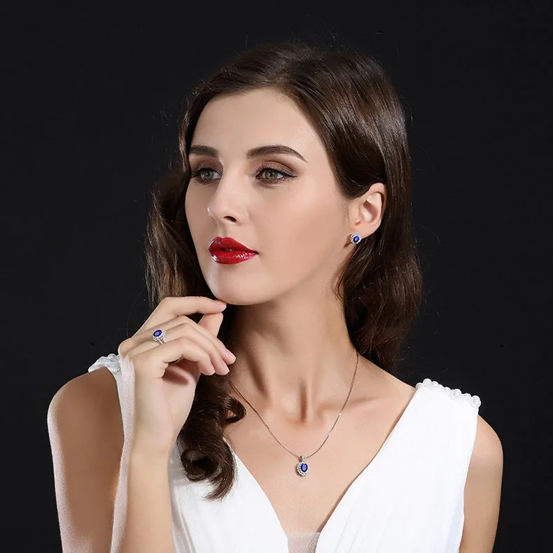 

Luxury 3Pcs Blue Sapphire Jewelry Set for Women, Silver Plated Necklace, Earrings, and Ring, Perfect for Wedding and Party