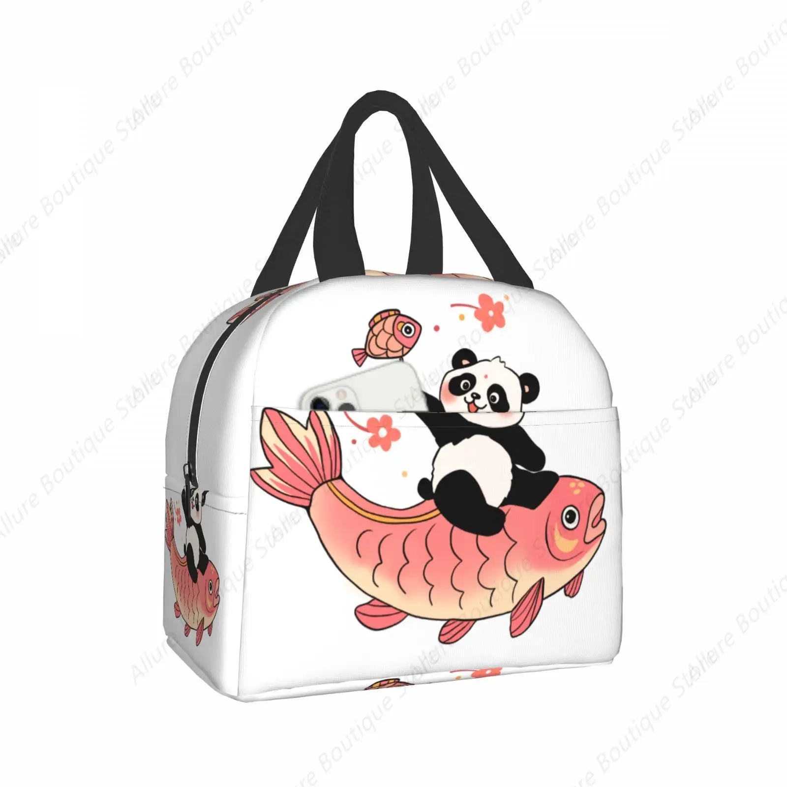 

A panda rides a koi Lunch Bag Waterproof Insulated Canvas Cooler Bag Thermal Cold Food Picnic Travel Tote for Women Children
