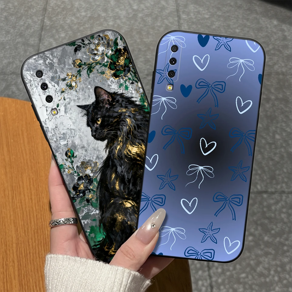Phone Case For Samsung Galaxy A7 2018 A7 2017 Fashion Cat Black Matte Shell For SamsungA7 Cases GalaxyA7 Coque Funda Carcas Capa