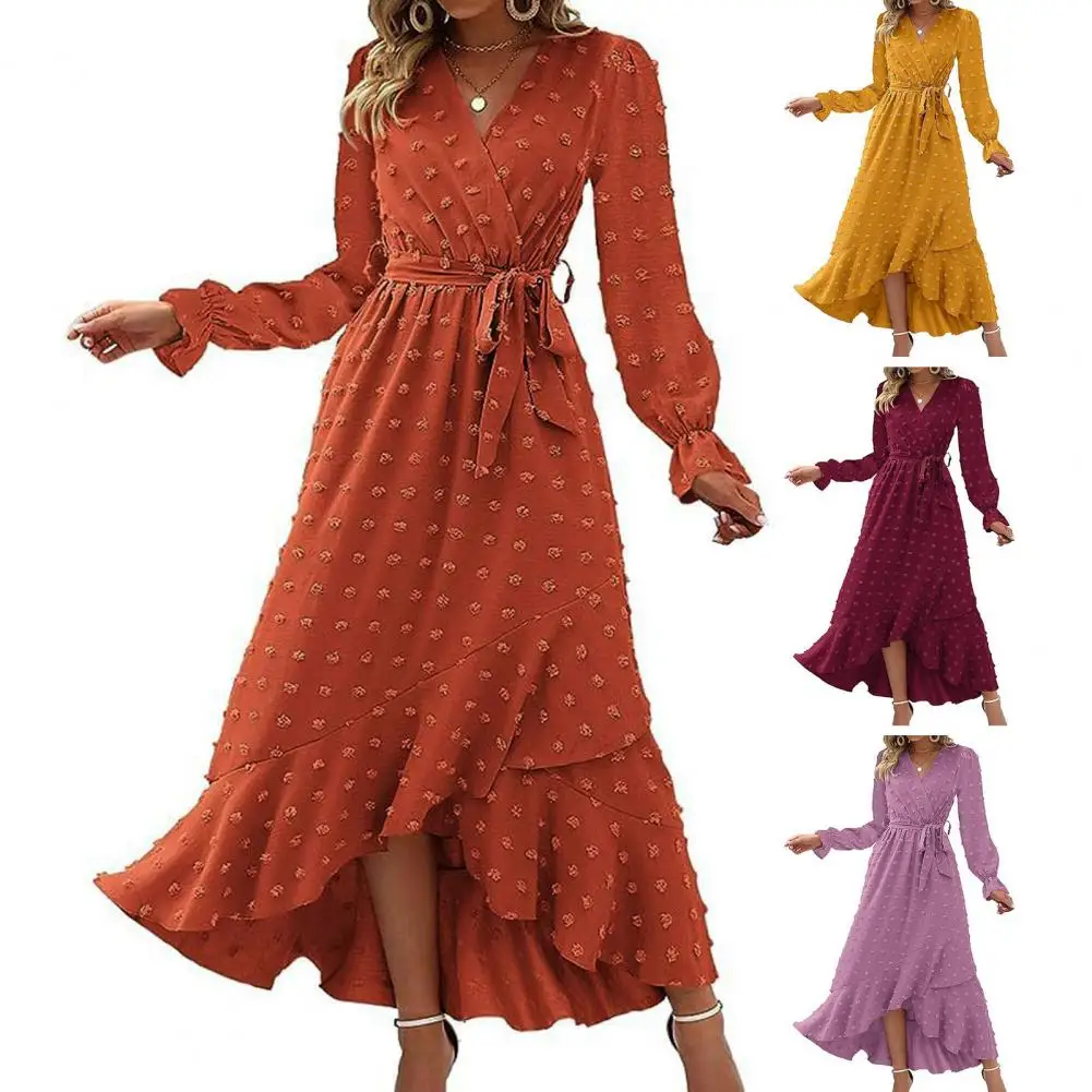 

Women Spring Fall Dress Dot Applique Solid Color V Neck Belted Tight High Waist A-line Irregular Ruffle Hem Bohemian Flowy Weddi