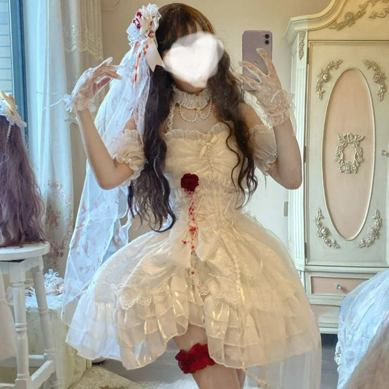 Robe Lolita Gothique Victorienne Japonaise Élégante pour Femme, Maille en Dentelle, Mode Kawaii, Rose Blanche, Robe de Mariée Douce pour Bol