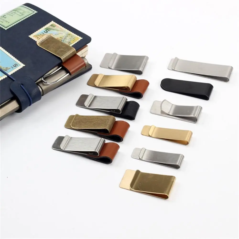 

Stationery Metal Portable Notebook Holder Stainless Steel Clips Handmade Leather Brass Pen Folder