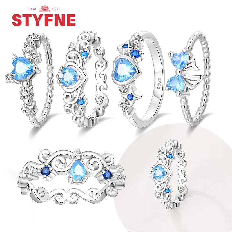 

Original 925 Sterling Silver Rings Bule Color Series Heart Love Crown Blue Zirconia Ring for Women Party Fine Jewelry Gift