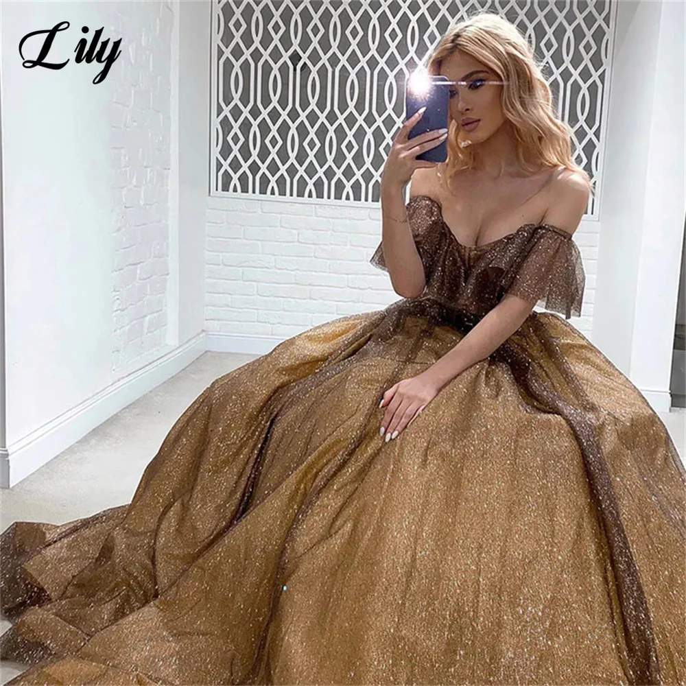 Lily Chocolate A Line Prom Dresses with Belt Glitter Off the Shoulder فساتين السهرة Sequin Pleat Sweep Train Party Dress