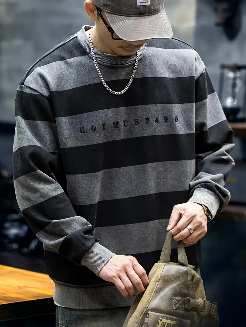 Heavyweight American Retro Striped Sweatshirt Men's Loose round Neck Embroidered Top Base Shirt Casual Cotton Blend Fabric