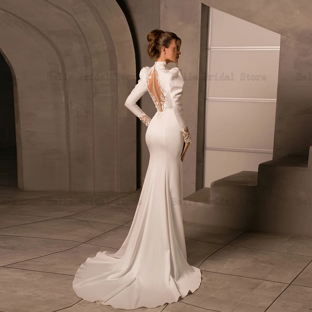 Elegant Wedding Dresses High Neck Long Sleeves Mermaid Bridal Gowns Backless Appliques Sweep Train свадебное платье 2023