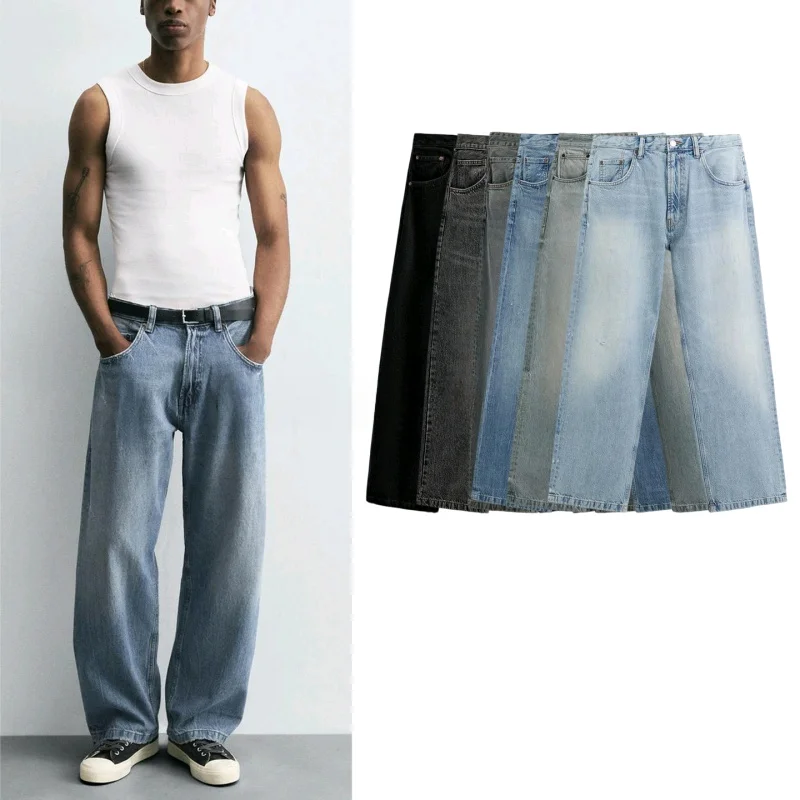 

Осенние новые мужские повседневные свободные прямые джинсы с завышенной талией в американском стиле, разноцветные джинсы с высокой талией из полиэфирного волокна