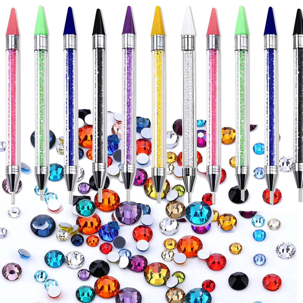 1Pcs Double-Heads Crystal Pick Pen For Nail Art 17cm Acrylic Crystal Handle Point Drill Pen Gem With Wax Pencil Nail Diamond Pen