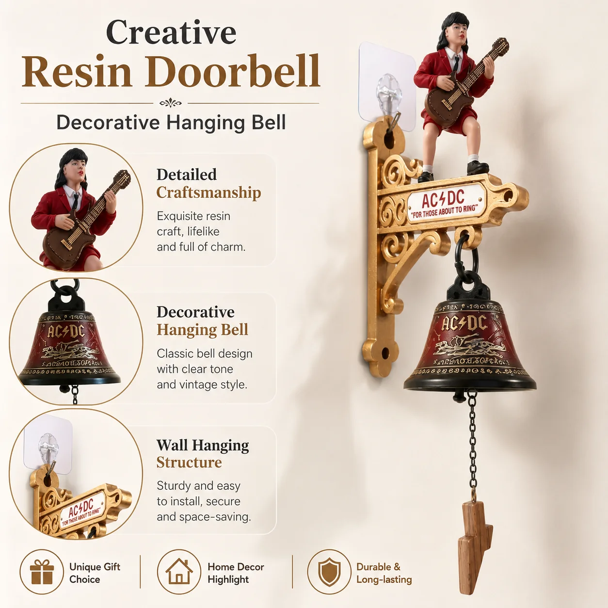 AC/DC Rock Guitarist Resin Figurine Wall Door Bell Vintage Metal Hanging Bell Bar Home Decor Gift