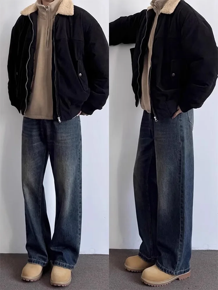 

Deep Blue Men's Jeans Loose Wide Leg Straight Casual Long Pants American Retro Cleanfit Youth Trend Wear Resistant Thi Cotton