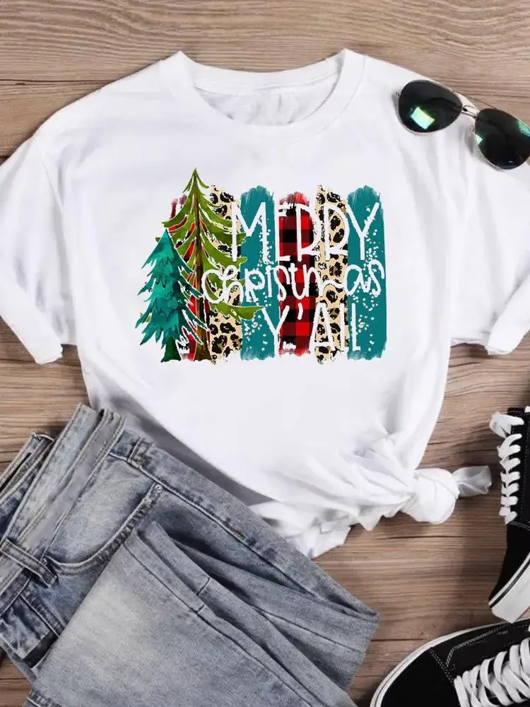 Print T Top Women Holiday Clothing Merry Christmas Fashion Watercolor Vacation Trend Female ShirtNew Year T-shirts  Graphic Tee