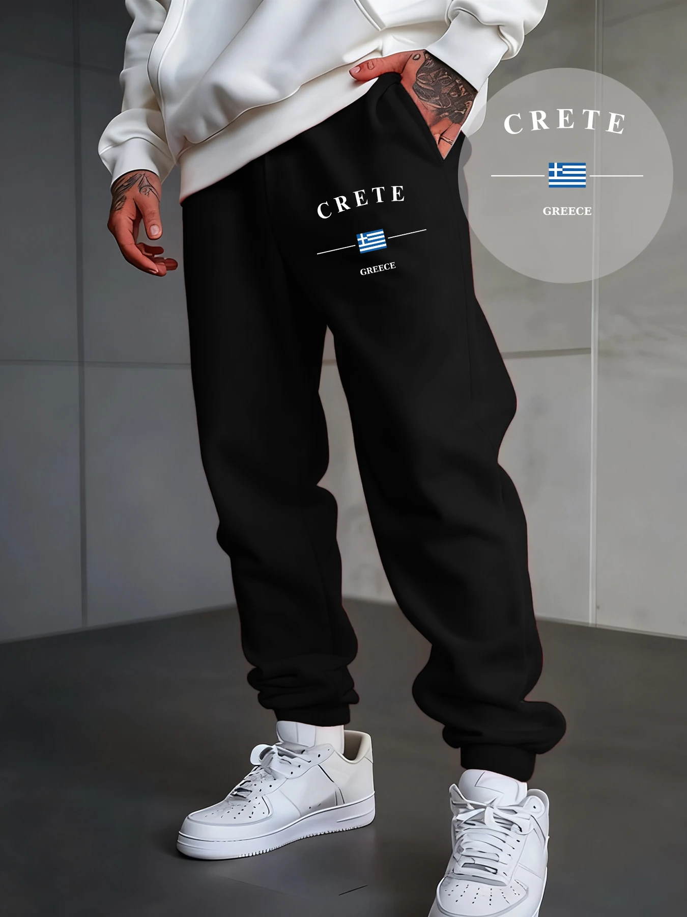

Crete Greece Letter And Flag Print Men Jogging Pants Fleece Autumn Trousers Drawstring All-Match Sweatpants Hip Hop Casual Pant