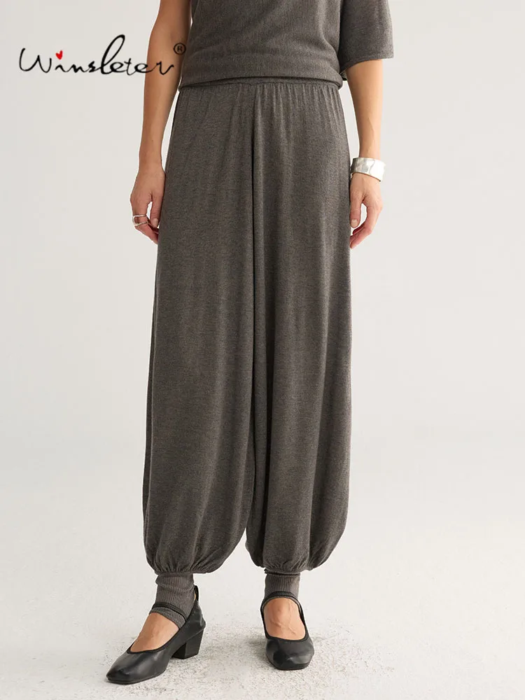 Winsleter-Wool Blended Elegant Knit Pants, Elastic Waist Solid, Women French Casual Lazy Bloomers Pants, 2026 Autumn B68614CC