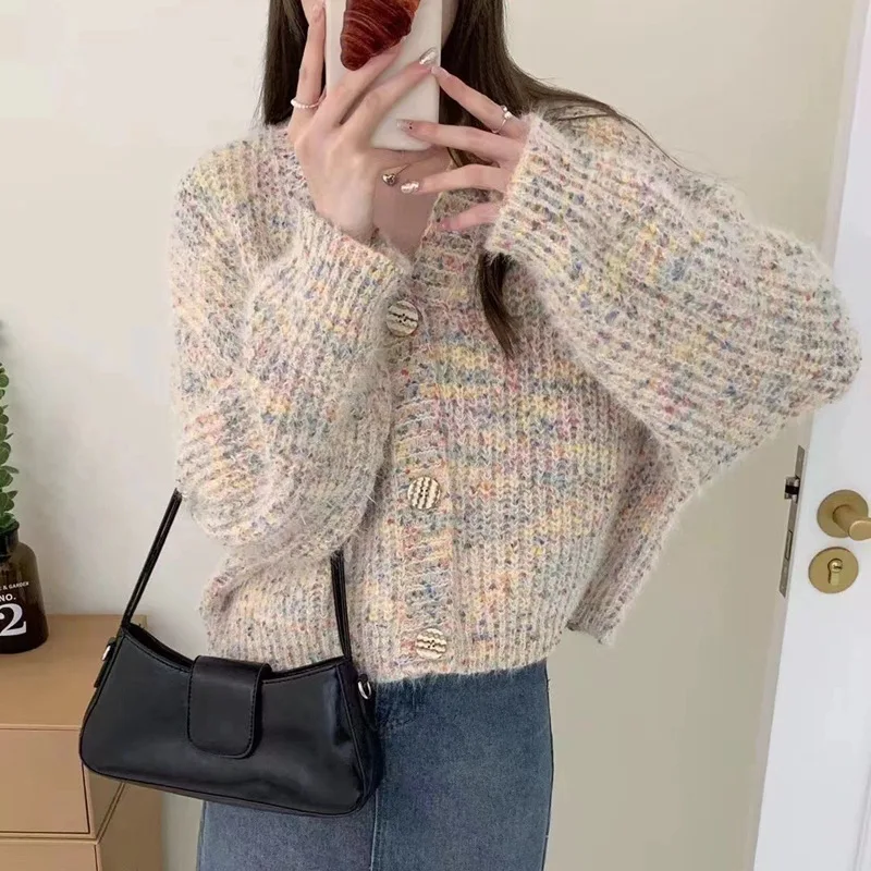 

Women's Multicolor Speckled Knit Cardigan, Fluffy Cropped V-Neck Sweater with Buttons, Casual Loose-Fit Soft Knitwear