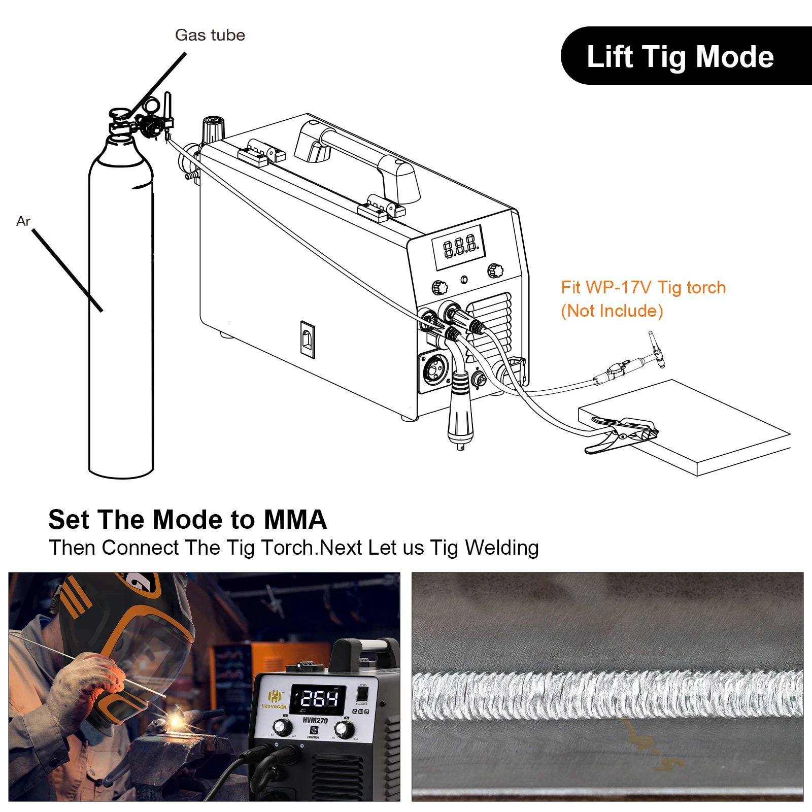 HZXVOGEN HVM270  Welder 5 IN 1 Gasless & Gas MIG CUT LIFT TIG MMA Multifunction LCD Welding Machine Synergy Non-HF Plasma Cutter