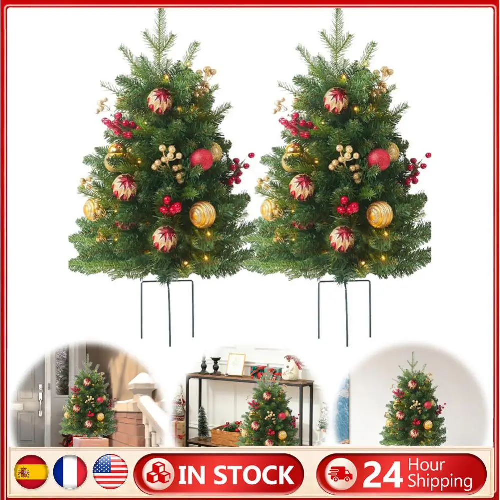 

Artificial Xmas Tree with Tripod Stake Pre Lit Christmas Planter Bushes with Balls Berries Holiday Planter Filler for Home Decor