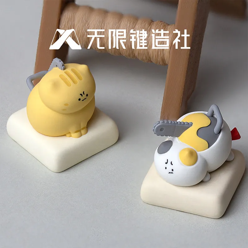 Cute Chainsaw Cat Resin Keycap Creative Model Toy Ornament ESC Replace For Mechanical Keyboard Decoration Accessory Adult Gift