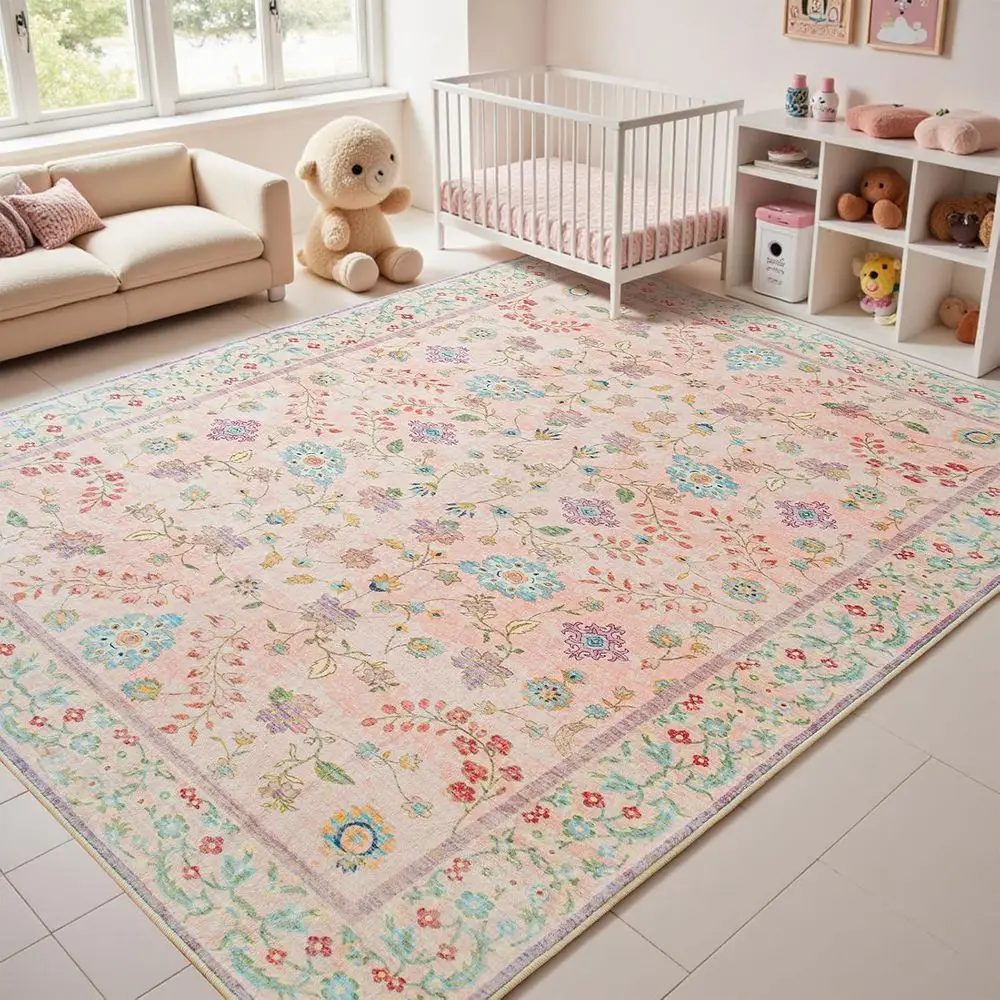 

Коврик 8x10 в стиле бохо с цветочным принтом, низкий ворс, моющийся, нескользящая резиновая спинка для гостиной, спальни, кухни и многого другого