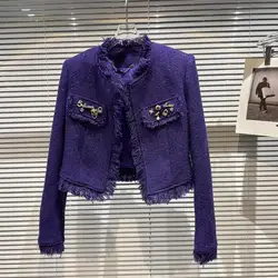 Spring Autumn Noble Women's Fragrant Beauty Pins Tweed Fur Trimmed Coat Bright Silk Purple Black White Jacket Wool