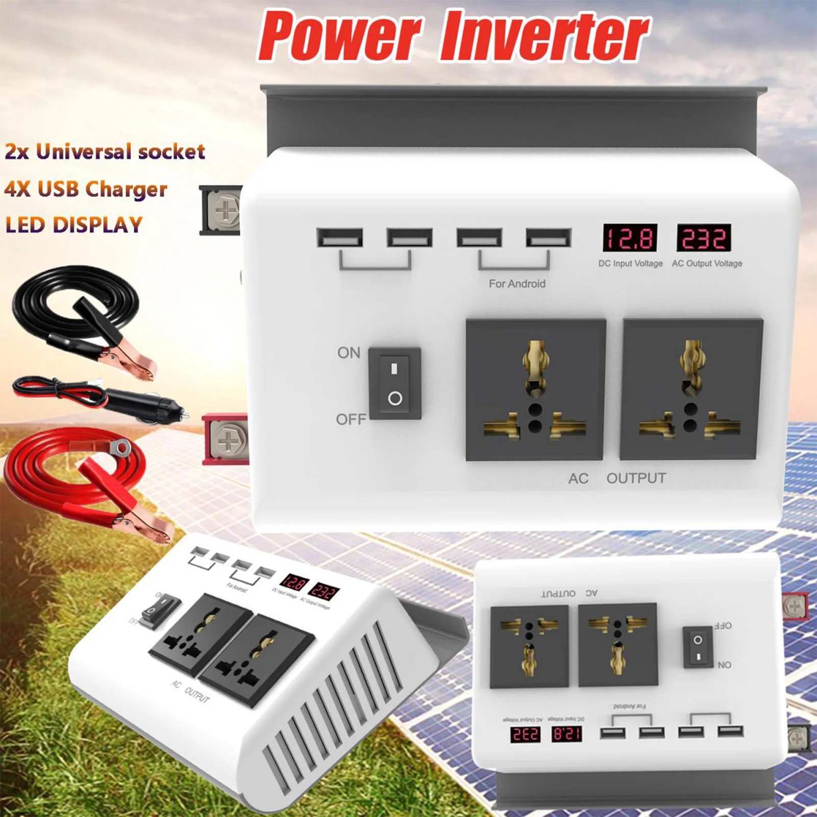 

Car Power Inverter 4 X 2.1A USB Port 2 X AC Outlets DC12V to AC220V Converter with 16.7in Cable White