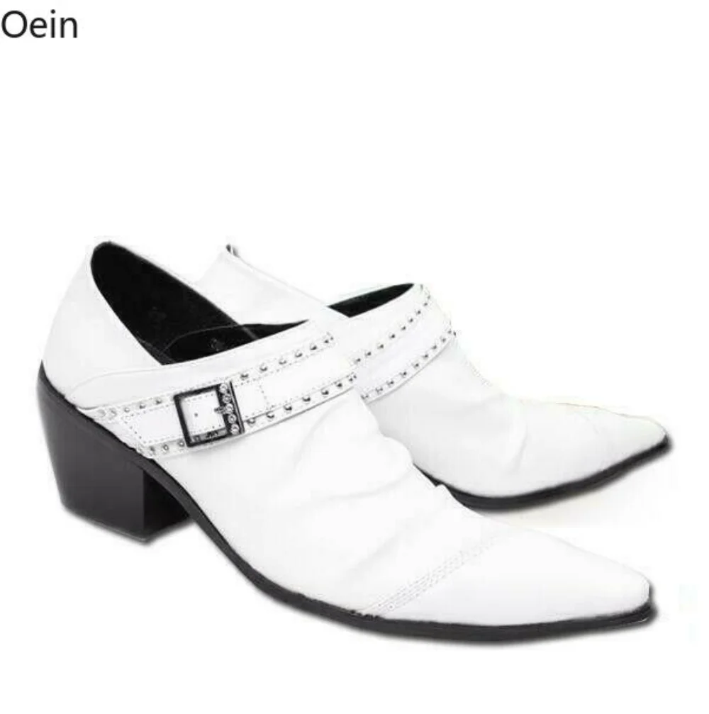 Mens Real Leather Pointed Toe Med Cuban Heels Rivets Formal Buckle Club Shoes Wingtip Dress Business Black White Wedding New