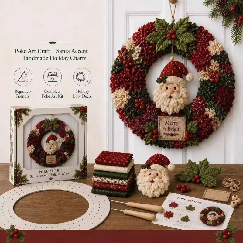 DIY 3D Fabric Poke Art Christmas Wreath Kit Handmade Santa Claus Punch Needle Craft Set Holiday Door Wall Hanging Decor Gift