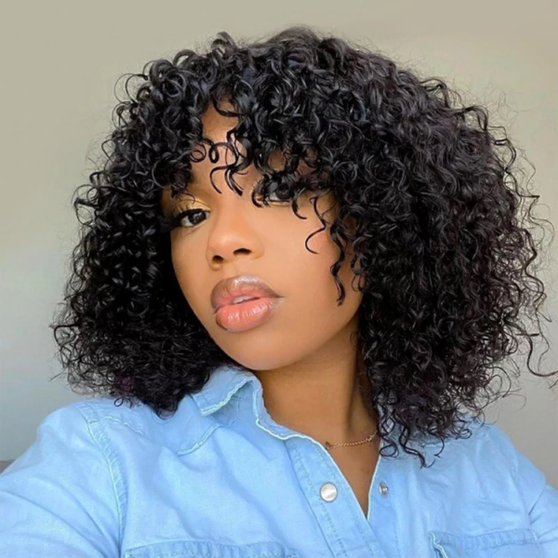 Nocomplex Short Bob Human Hair Wigs with Bangs Put On and Go Curly Wigs Glueless Brazilian Wigs On Sale Fast Shipping