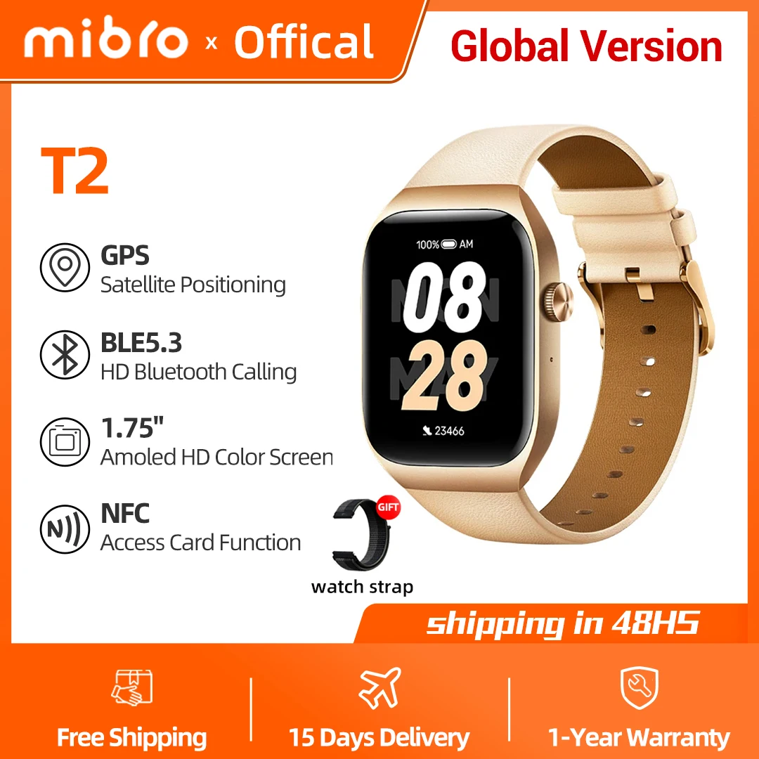 Mibro T2 Smartwatch 1.75Inch AMOLED Screen GPS Positioning Bluetooth Calling Dual Core Waterproof Sports Men Women Smart Watch