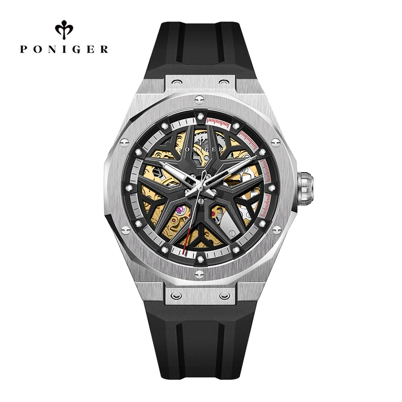 

PONIGER Skeleton Design 42mm Automatic Wristwatch Self-winding Waterproof Rubber Mechanical Watches For Men