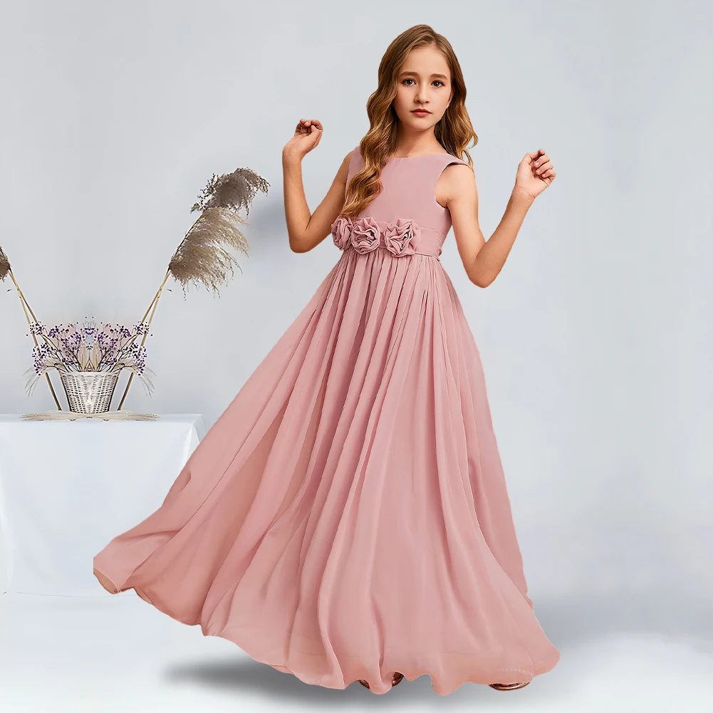 

Elegant A-Line Scoop Floor-Length Chiffon Junior Bridesmaid Dresses with Flower Accents Blush Charming Flower Girl Dresses Party