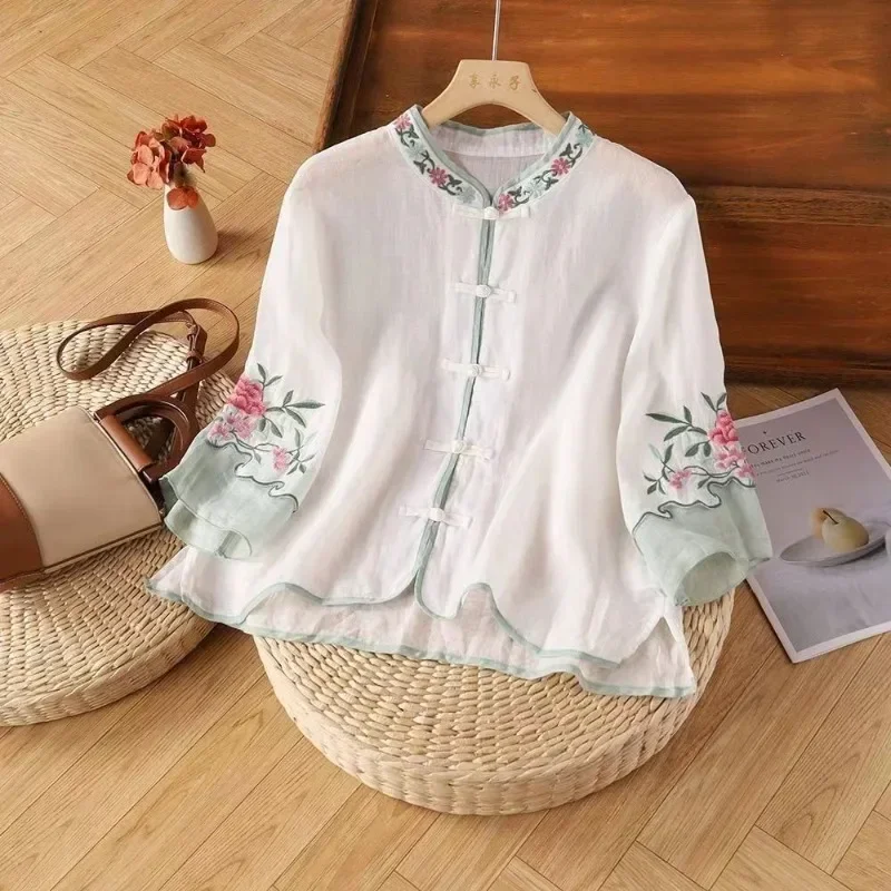 Embroidery Chinese Style Blouses Summer Vintage Women\'s Shirt Loose Cotton Linen Women Tops Short Sleeves Clothing 2024 New