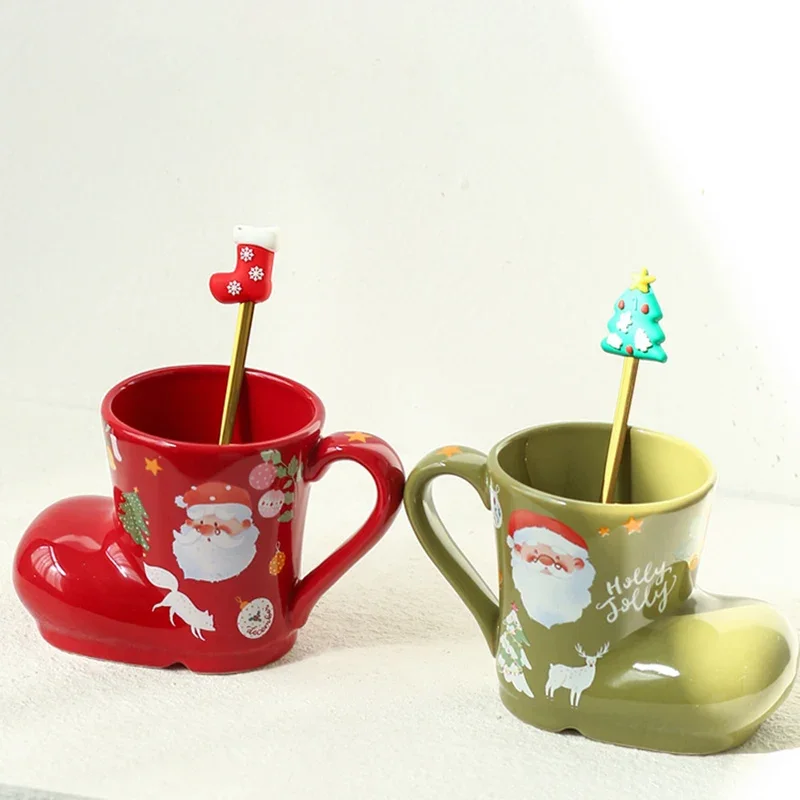 Cute Christmas style High temperature fired ceramics coffee mug and spoon Glazing process Drinkware milk juice afternoon tea