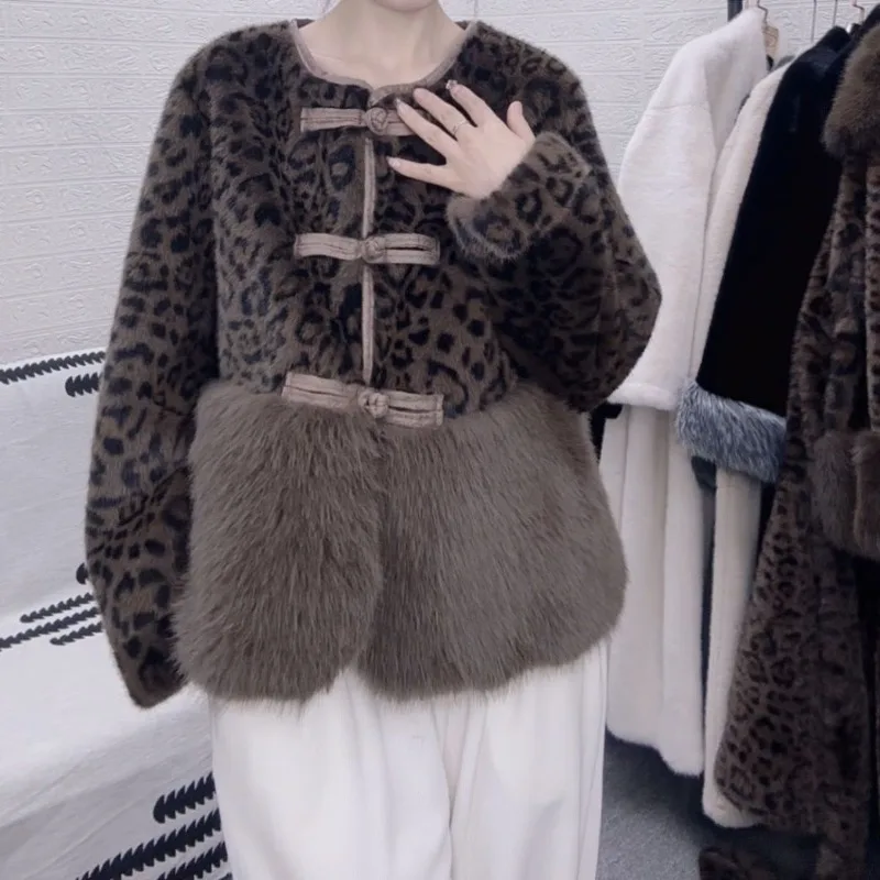 

Women's Clothing Autumn Winter New Fashion Leopard Print Faux Fur Coat Short Coats for Women Patchwork Jacket Single-breasted