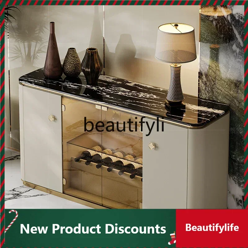 

Light luxury dining side cabinet storage marble high-end fashion gray glass entrance cabinet D80