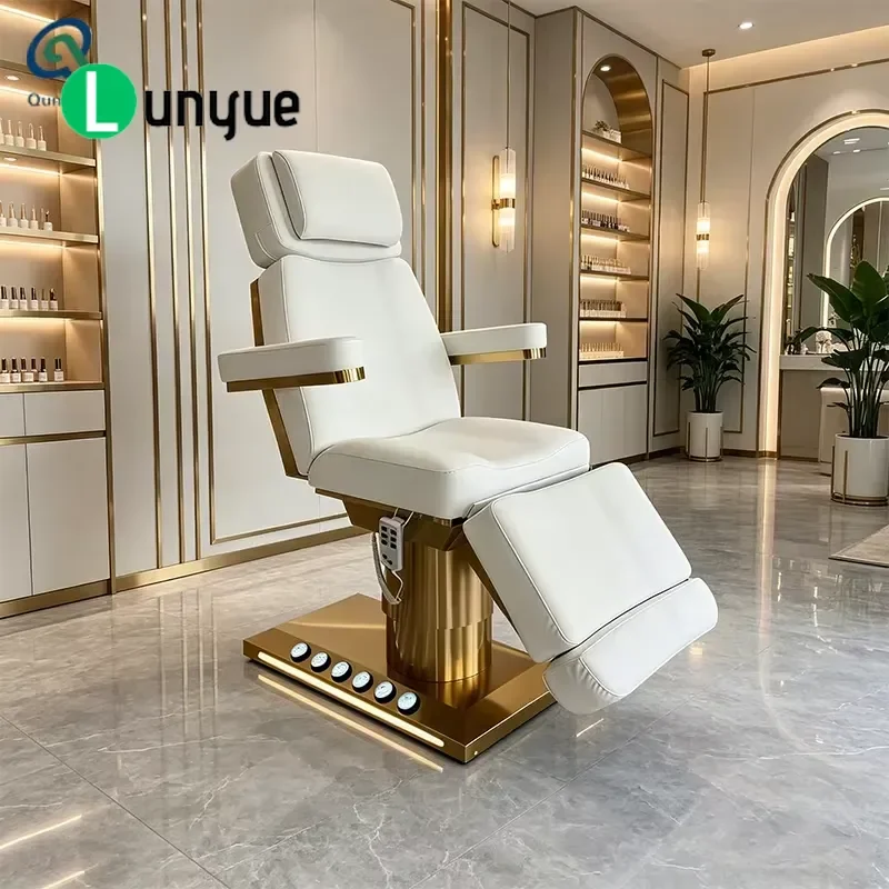 White and Gold Modern Chair PU Leather Electric Triple Motor Massage Bed Beauty Tattoo Furniture for Spa Clinic