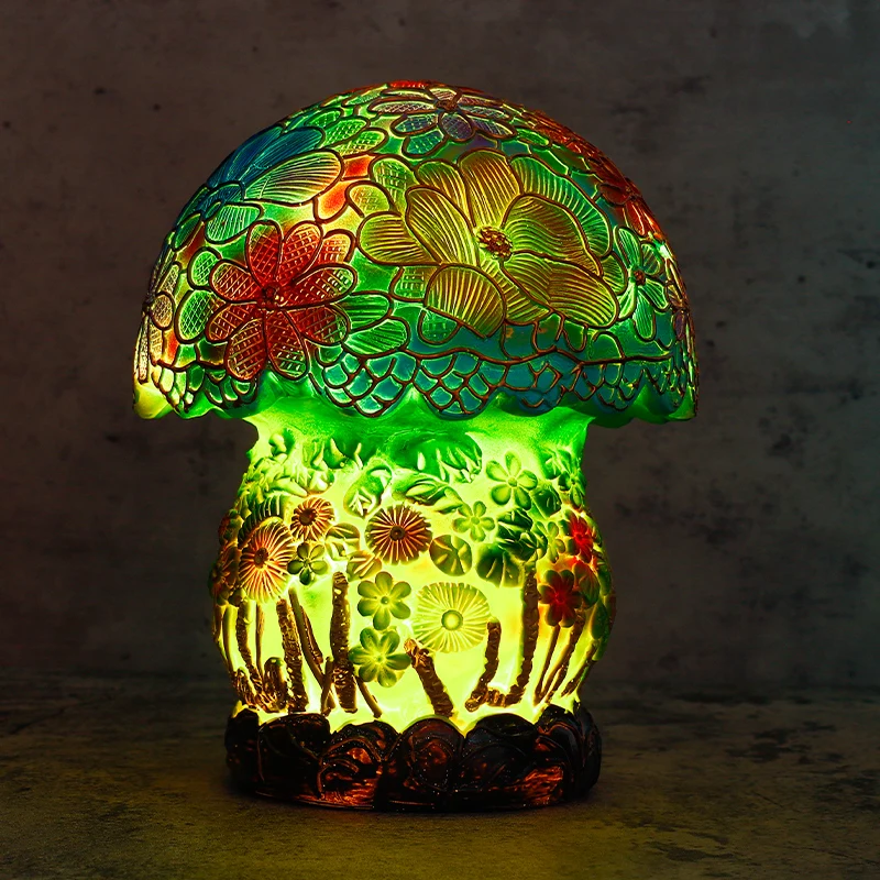 Colorful Stained Glass Plant Series Table Light Creative Vintage Flower Mushroom Night Lamp Living Room Desk Atmosphere Light